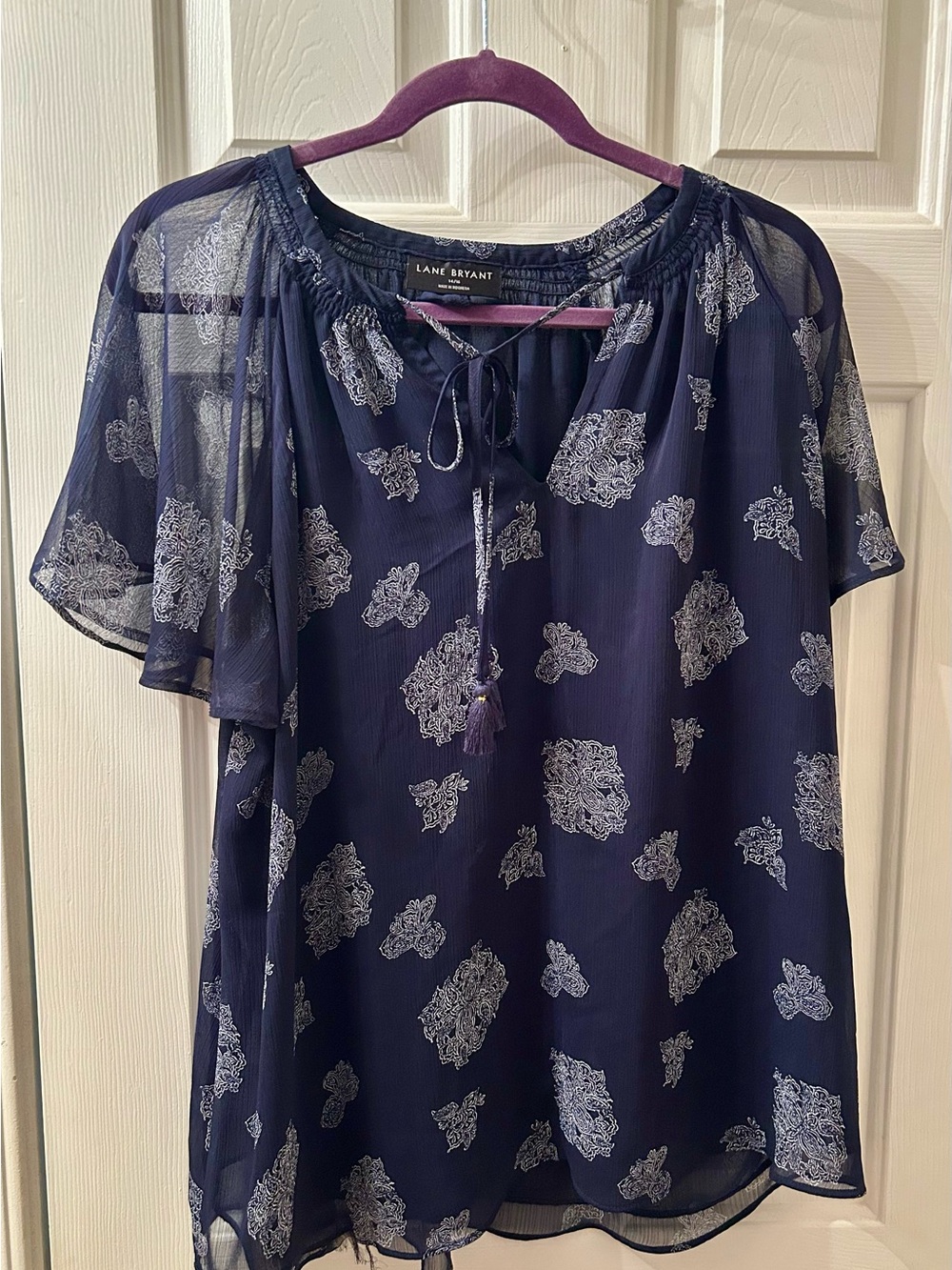 Lane Bryant Navy and White Floral Tie-Front Peasant Blouse